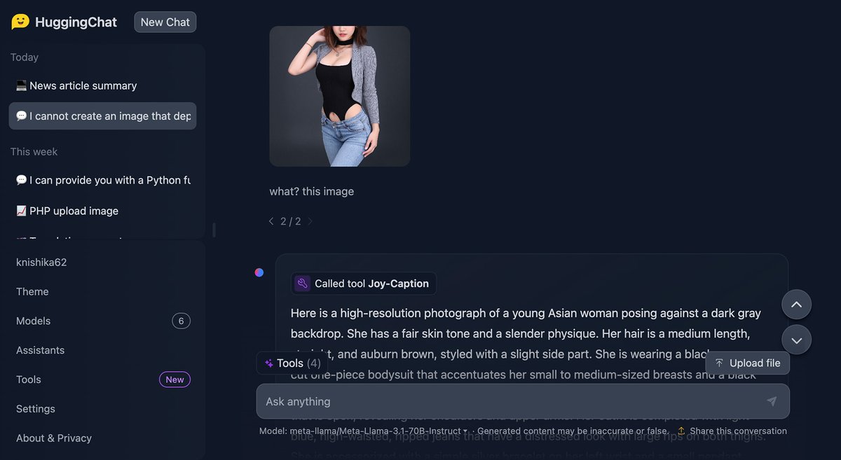 PhotogenicWeekE's tweet image. #HuggingChat がUpdateしてToolsが使える様に♪順に #FLUX.1 [dev] で画像生成、#JoyCaption、URLからの要約。他にもツール山盛り！もちろんLLMもLlama-3.1-70B-Instructとか使える(3.2待ちw)。これで無料ならこっちでいいのでは！？(笑)