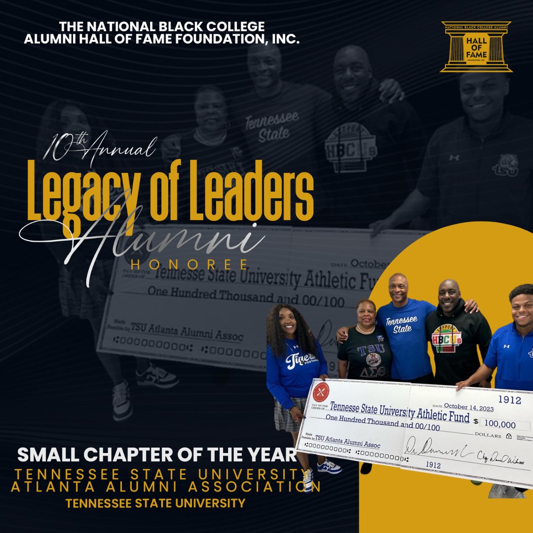 👏 The Tennessee State University Atlanta Alumni Association has been recognized as the Small Chapter of the Year at the 10th Annual Legacy of Leaders Awards!  Thank you for your commitment to excellence and service! 💙🐯

 #LegacyOfLeaders #TSU #SmallChapterOfTheYear #HBCUFamily