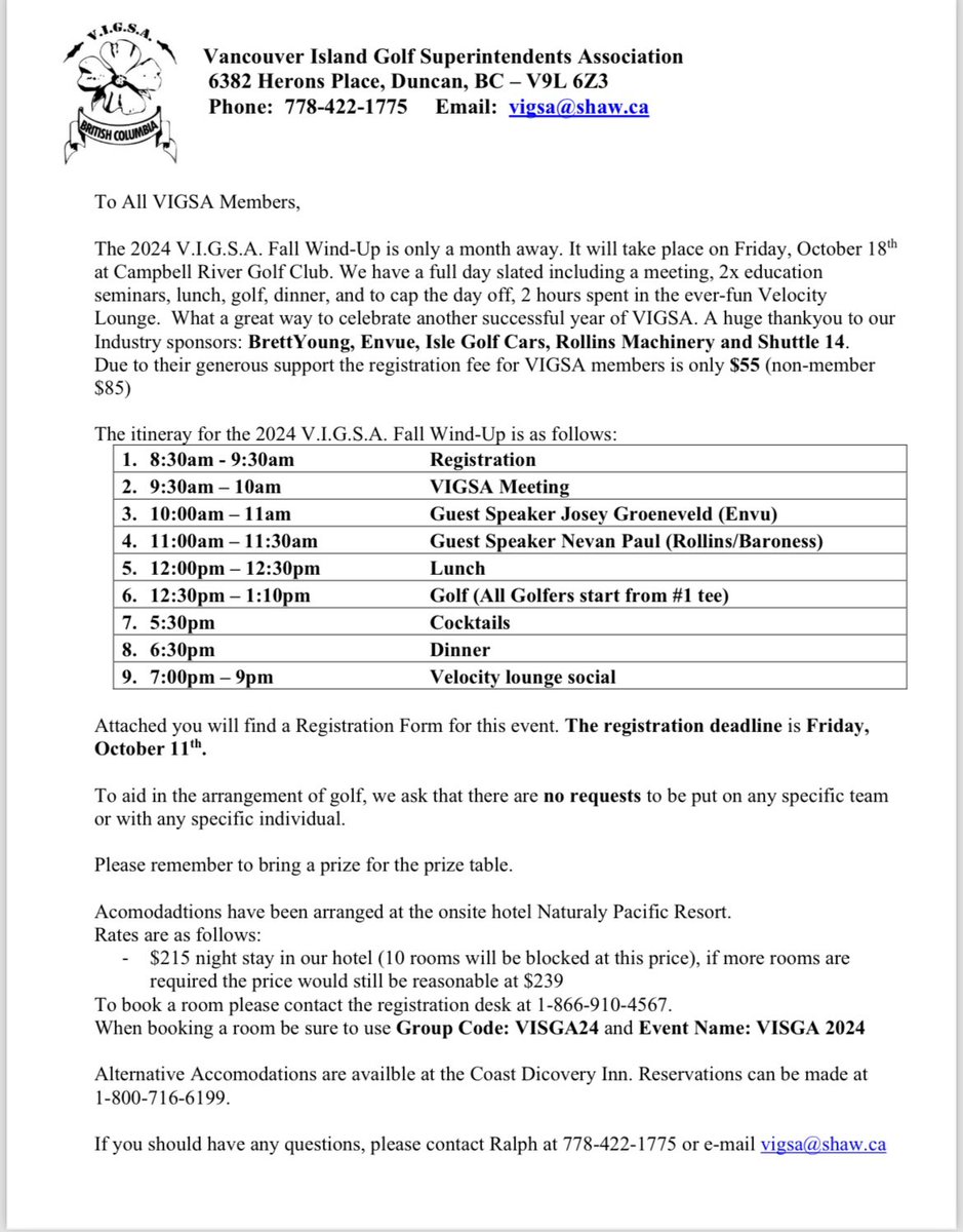 On October 18, we are in for a treat from our host <a href="/cr_golfresort/">Campbell River Golf & Country Club</a> for the <a href="/VIGSATurf/">VIGSA</a> windup event! 

Thanks to our sponsors <a href="/EnvuGolfCA/">Envu Golf Canada</a> <a href="/BYTurf/">BrettYoung Turf</a> <a href="/NevanRollinsMa1/">Nevan Paul - Rollins</a> <a href="/Shuttle14Canada/">Shuttle14🇨🇦</a> for making this event possible! 

Don’t miss this opportunity to learn, golf and network.