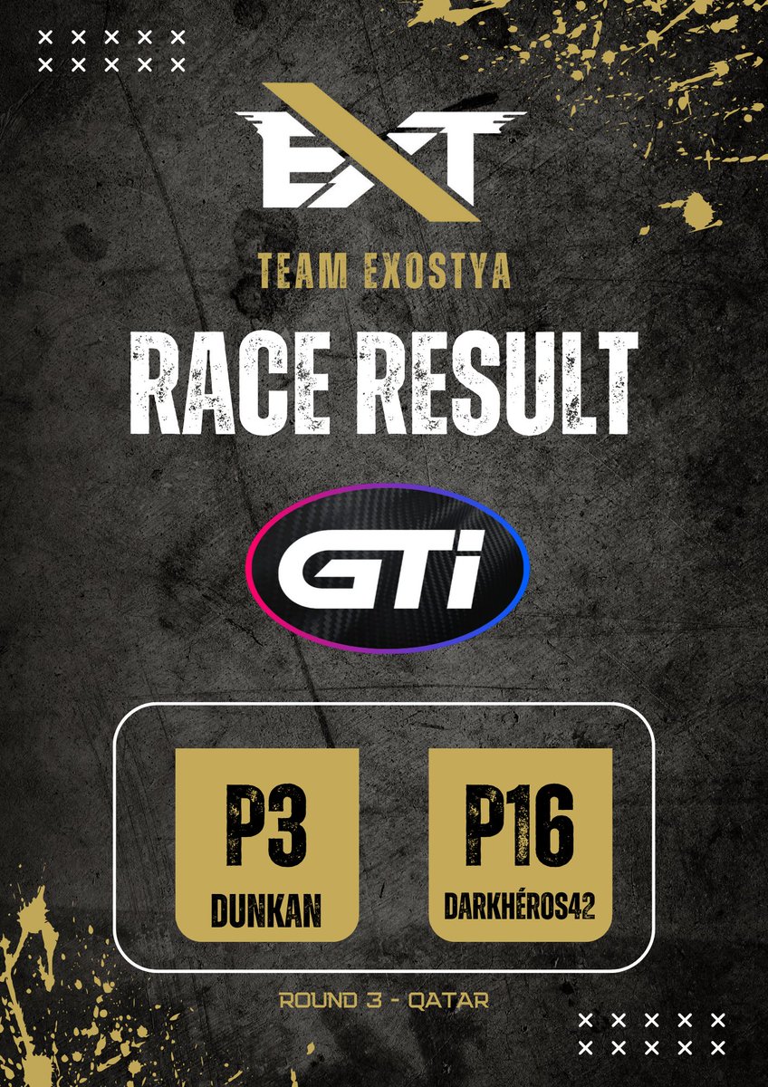 EXOSTYA_ (@teamexostyafr) on Twitter photo Très belle course de <a href="/D_u_n_k_a_n/">GT10_DunKan</a> ce soir, qui finit sur le podium, à la P3 !! 🔥
Darkhéros partant en Hard, n'a pas eu de chance avec une Safety Car tour 7. Il terminera P16. Très belle course de <a href="/D_u_n_k_a_n/">GT10_DunKan</a> ce soir, qui finit sur le podium, à la P3 !! 🔥
Darkhéros partant en Hard, n'a pas eu de chance avec une Safety Car tour 7. Il terminera P16.