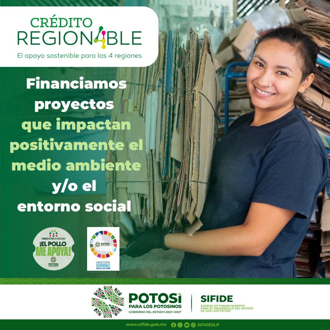 El Gobierno de <a href="/RGC_Mx/">Ricardo Gallardo Cardona 🇲🇽</a>, a través del @SIFIDESLP, impulsa los emprendimientos enfocados en el bienestar social y del medio ambiente con el crédito Region4ble, en concordancia con los Objetivos de Desarrollo Sostenible de la Agenda 2030. Más información en: sifide.gob.mx/region4ble/