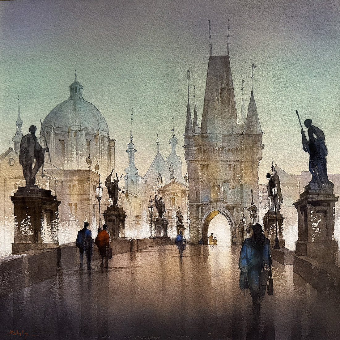 twschaller's tweet photo. Charles Bridge - Prague
Watercolor - 15x15 inches
Demonstration painting for my https://t.co/UfzwrUk17y class today. Topics were value layering, design, light patterns, atmosphere, color story.
#artwork #architecture #watercolorpainting #design #atmosphere #light https://t.co/TCHq5aNiva