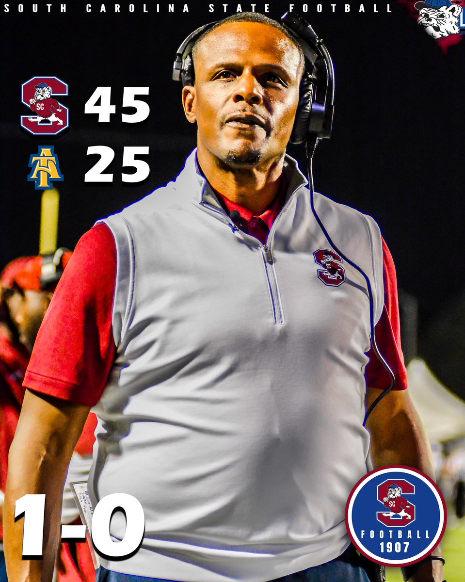 #GoDogs

Your SC STATE FOOTBALL BULLDOGS take down <a href="/NCATFootball/">Aggie Pride</a> going 1-0 

<a href="/SCSTATE1896/">SC State University</a> <a href="/SCStateAthletic/">SC State Athletics</a> <a href="/MEACSports/">Mid-Eastern Athletic Conference</a> <a href="/coachberry77/">Chennis Berry</a> 
#PayTheFEE
#DigDEEP
#FearTheBITE
🔴🔵🐶🏈