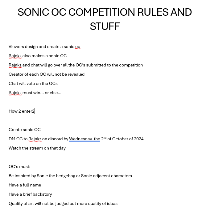 rajakz3's tweet photo. NEW COMPETITION ON THE STREAM JUST DROPPED PLEASE ENTER YOUR OWN ORIGINAL SONIC CHARACTERS BY WEDNESDAY THE 2ND OF OCTOBER OF 2024

idk what the winner will get but we will figure that out as we figure stuff out https://t.co/lwRQFXH8D3