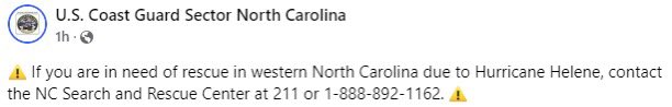 ReedTimmerUSA's tweet photo. If you are in need of rescue in western North Carolina here is the number for the Coast Guard NC sector! https://t.co/qrLCn4tzrS