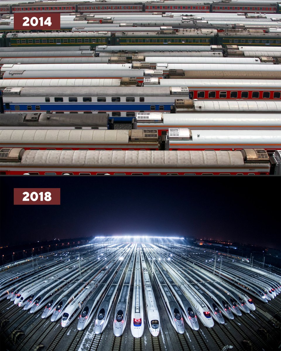 SpokespersonCHN's tweet photo. Regular-speed Train ➡️ High-speed Train

Upper pic: Traditional regular-speed trains awaiting maintenance in Chengdu, 2012

Lower pic: High-speed trains ready to depart in Wuhan, 2018 https://t.co/0l4Jc8n8US