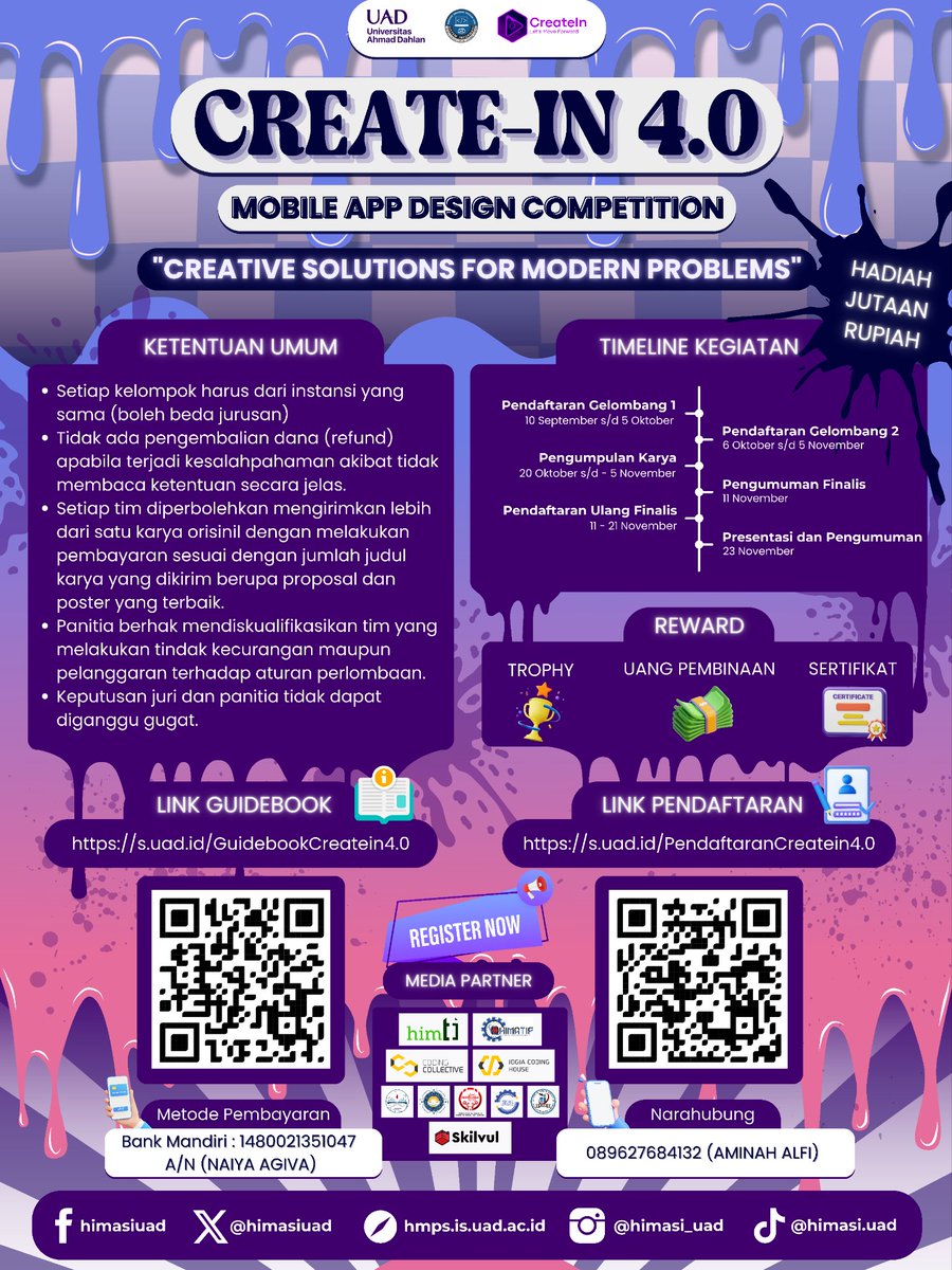 himasiuad's tweet photo. HALLO GUYS 👋🏻👋🏻

[HMPS SI UAD X CREATE-IN Proudly Present]

MOBILE APP DESIGN COMPETITION. dengan tema "CREATIVE SOLUTIONS FOR MODERN PROBLEMS". https://t.co/5y7hIK6QnD