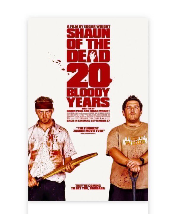 fraughtuk's tweet photo. Just taken my youngest to see ‘Shaun of the Dead ‘ on the big screen for the first time! Picture was great, but the audio mix was phenomenal! ❤️ @edgarwright GO SEE & HEAR IT!!! #ShaunoftheDead #ZomRomCom https://t.co/fD2k65ORTr