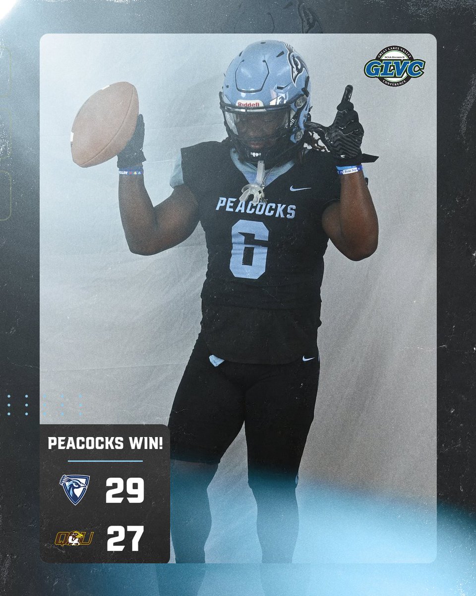 Call it a COMEBACK!  Peacock football defeats Quincy in a come-from-behind victory and improves to 2-0 in the GLVC!🦚🏈#FeathersUp