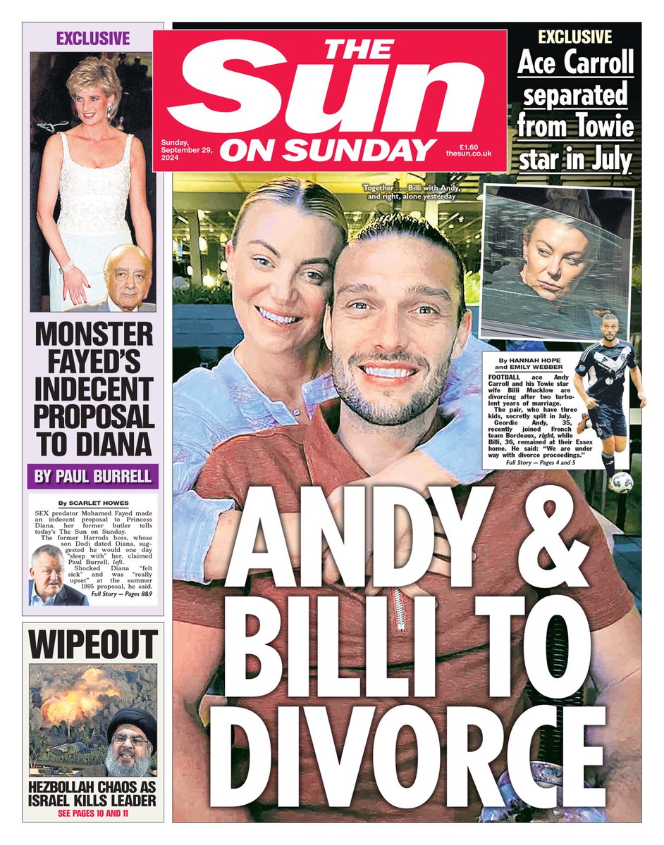 SUN ON SUNDAY: Andy &amp; Billi to divorce #TomorrowsPapersToday