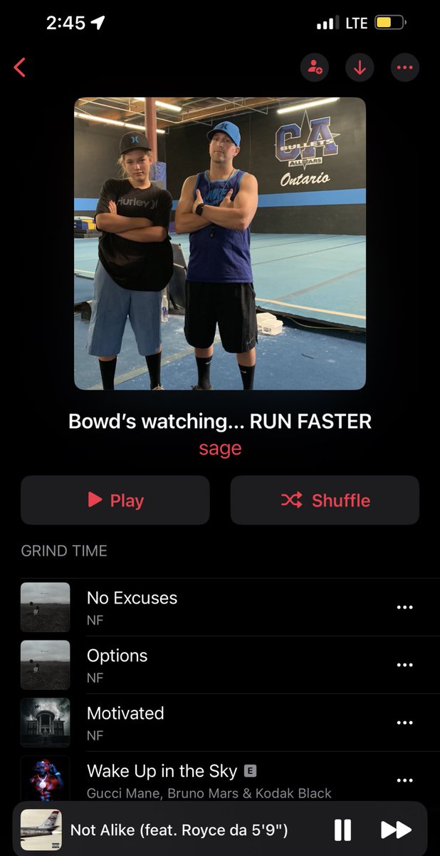 sageybar's tweet photo. I realized rn that I have had the same pregame competition playlist since 2019 and it hasn’t been edited at all. I listened to this before winning 2 world championships… and now i’m listening to it otw to the rosebowl! some things never change. 
 happy college gameday! https://t.co/NoZskoEKKc
