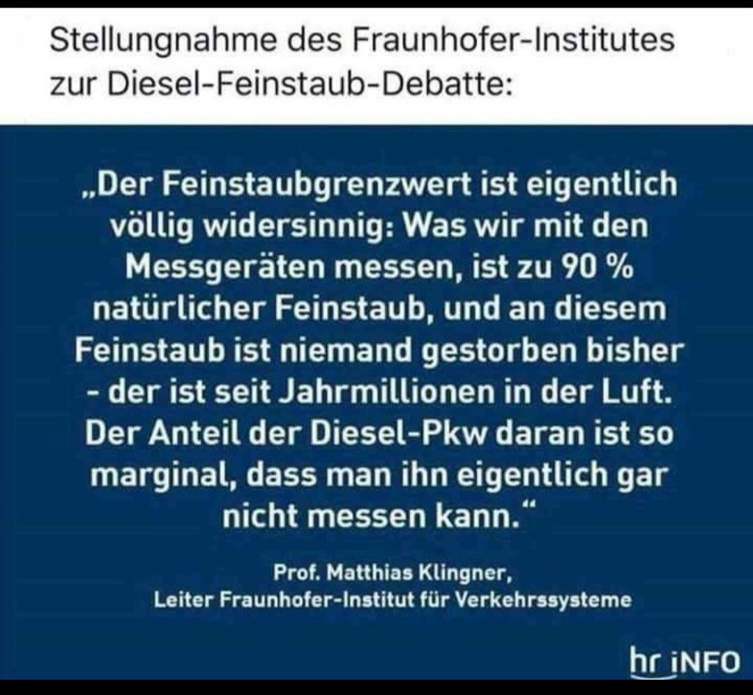 Professor Matthias Klingner, der Leiter des Fraunhofer-Instituts, sagt zum Thema "Feinstaub"...
...aber lest einfach selbst! ⬇️⬇️⬇️
#AllesLüge