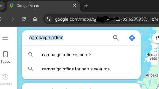 I wanted to find a Trump Campaign office. I noticed if I type in "Campaign Office," Google Maps conveniently suggests Harris but not Trump. I am sure it is just a coincidence... 🤡
