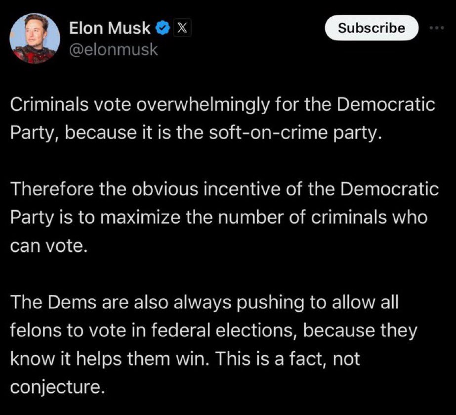 JodiePP1948's tweet photo. Elon Musk is voting for Donald Trump, a convicted felon. 🤣🤣 https://t.co/bJFylv5M9n
