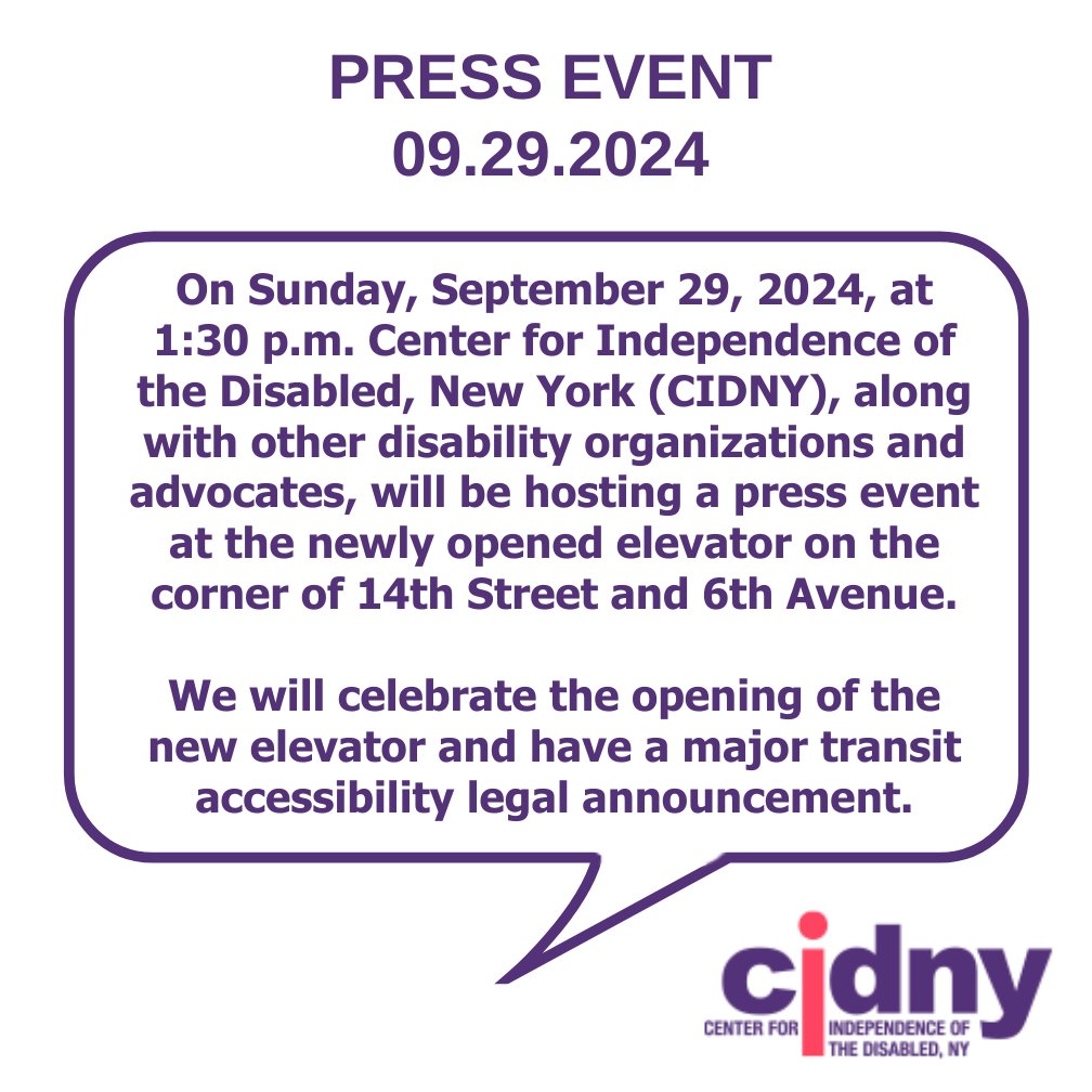 We will be holding a press conference this Sunday at 1:30 p.m. at the new elevator at 14th St. and 6th Ave. in Manhattan. We will celebrate the elevator opening and make a major transit accessibility legal announcement. 

More info at our events page: cidny.org/calendar/