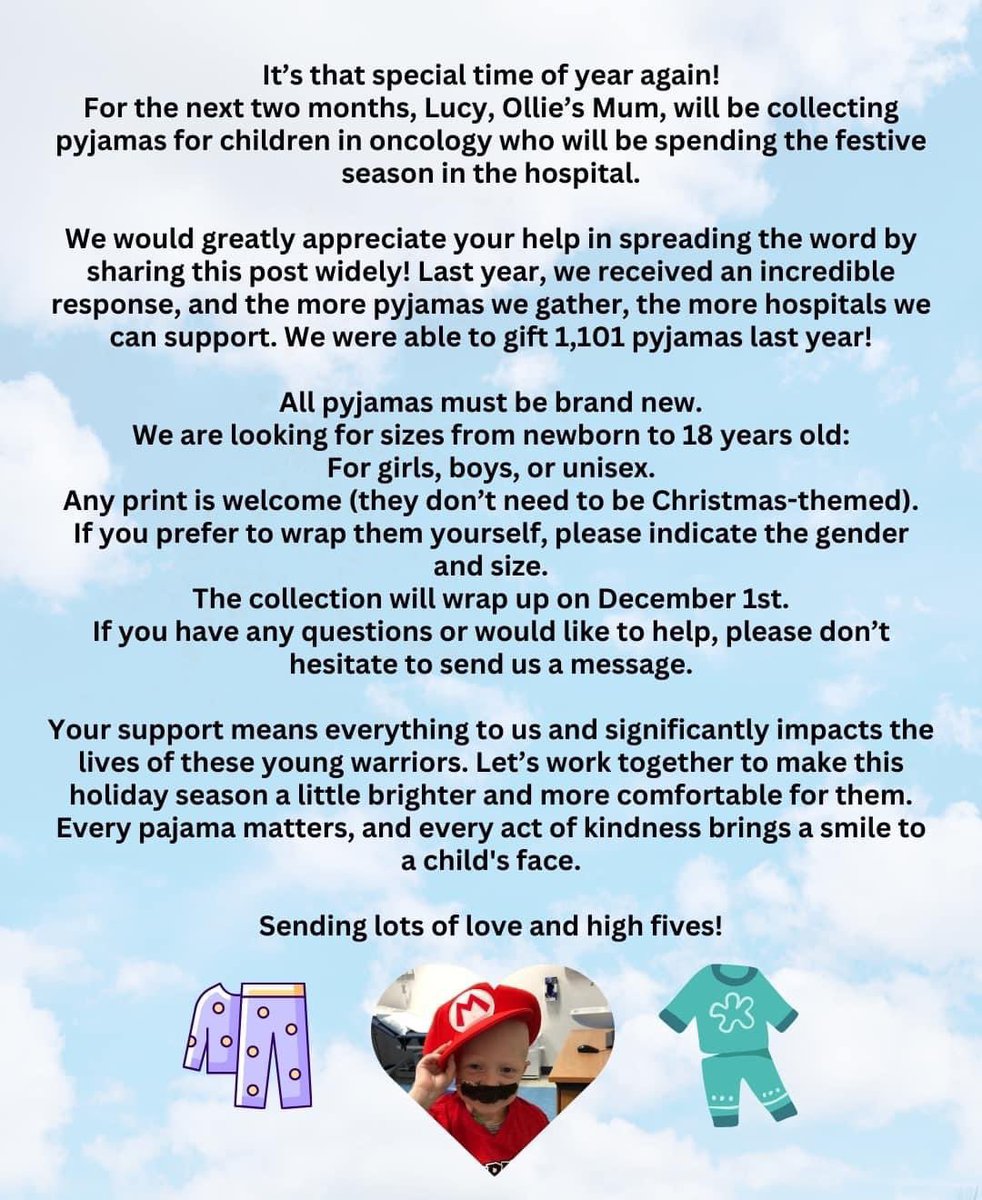 Please can everyone share this far and wide! 📣 (retweets and quote tweets welcome - oh, and tag as many people as you can)

Ollie’s mum, Lucy is collecting pyjamas for children in oncology who will be spending Christmas in hospital.

If anyone would like to donate some pyjamas,