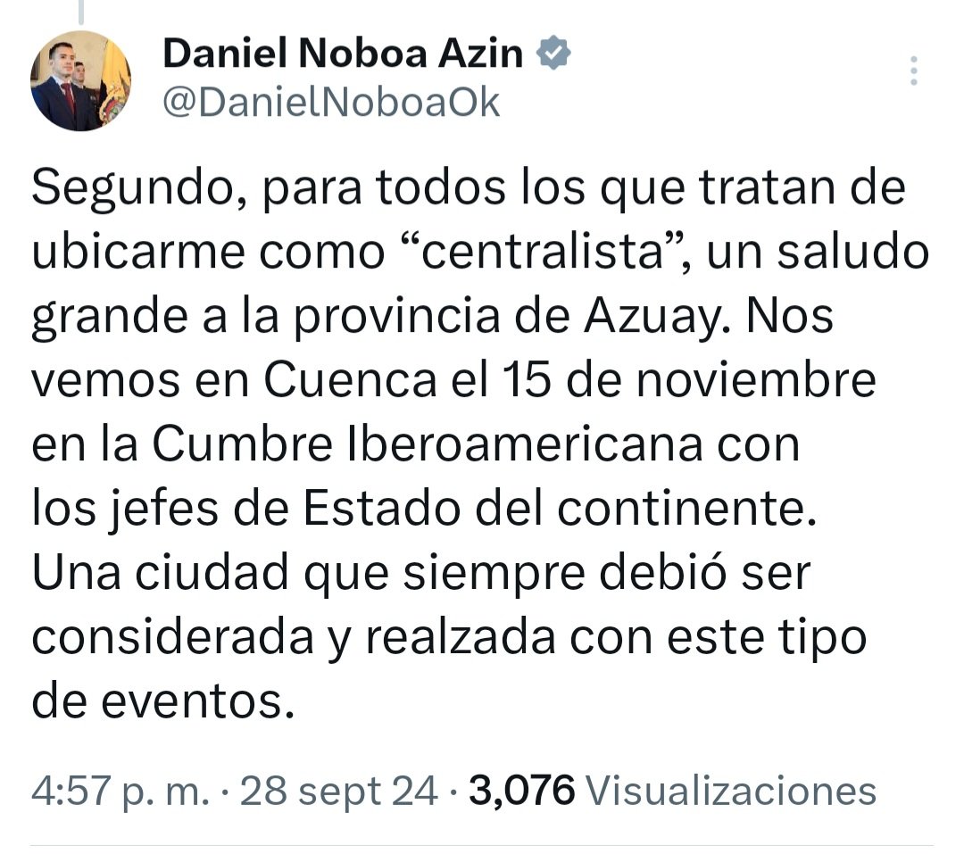NuevoTiempoCue's tweet photo. 🛑#ATENCIÓN
El presidente Daniel Noboa Azin responde y envía un mensaje a los azuayos respecto al traslado de la sede de #CelecEP de #Cuenca a #Quito. https://t.co/uClvYSOOA4