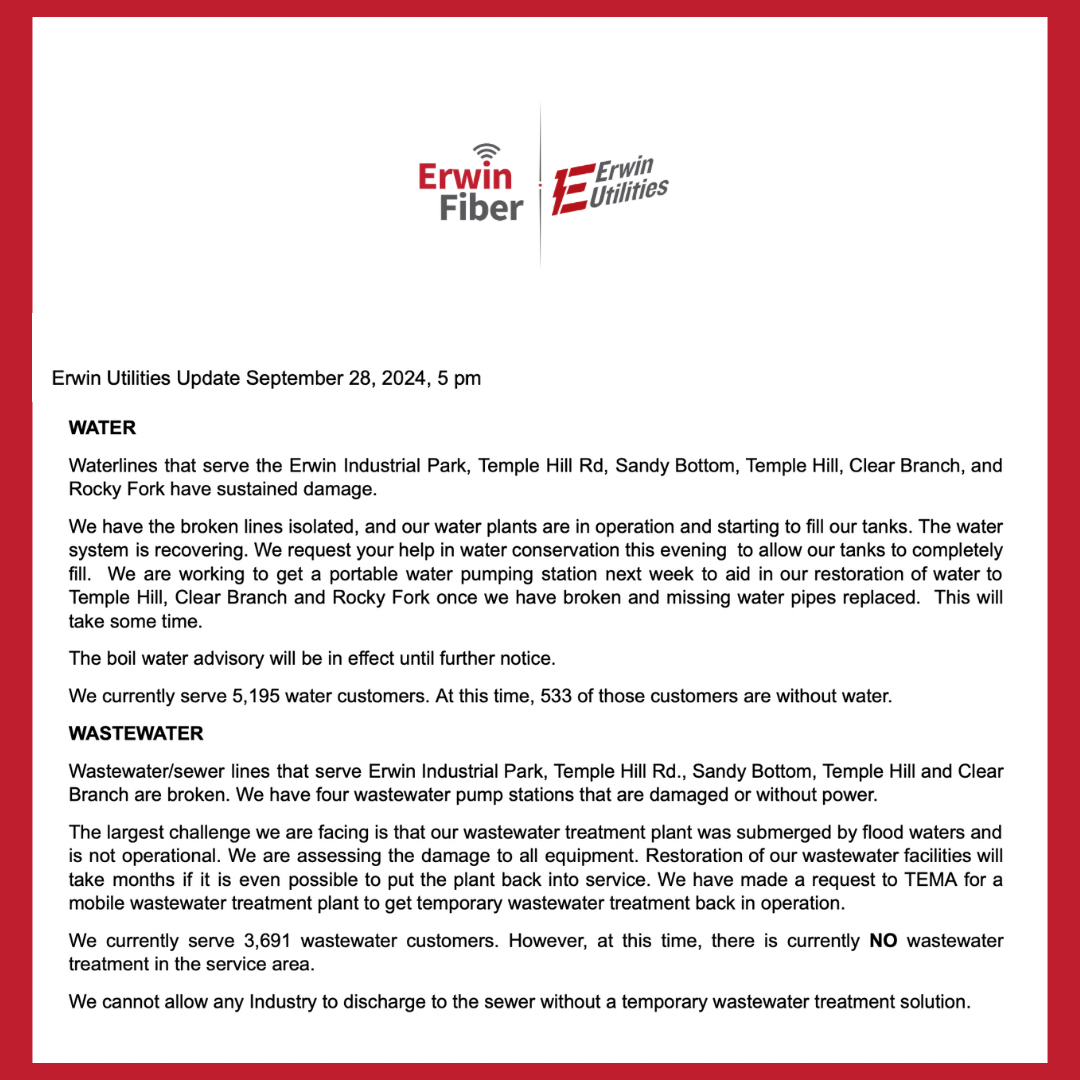 ErwinUtilities's tweet photo. Customers, please read the following update regarding utility services as we continue to work through the damage of Hurricane Helene. Remember, we are in this together. During this time, please help your neighbors in need where you can. We are a strong community. #ErwinStrong https://t.co/cJrW9wnXAP