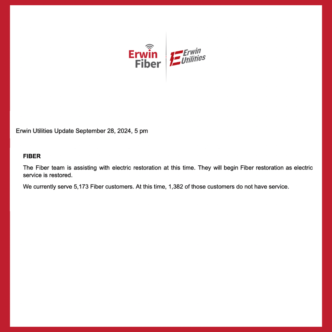 ErwinUtilities's tweet photo. Customers, please read the following update regarding utility services as we continue to work through the damage of Hurricane Helene. Remember, we are in this together. During this time, please help your neighbors in need where you can. We are a strong community. #ErwinStrong https://t.co/cJrW9wnXAP