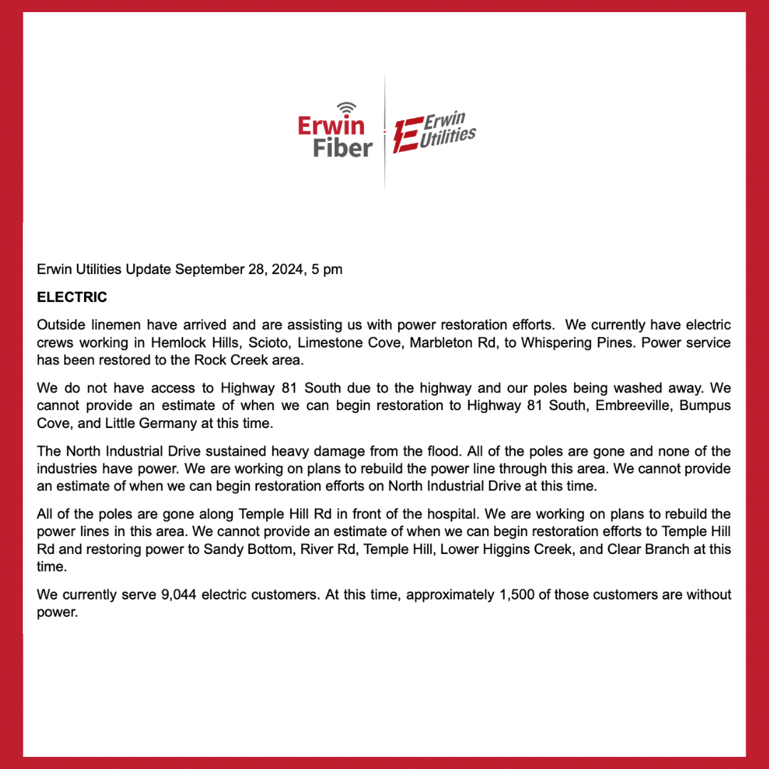 ErwinUtilities's tweet photo. Customers, please read the following update regarding utility services as we continue to work through the damage of Hurricane Helene. Remember, we are in this together. During this time, please help your neighbors in need where you can. We are a strong community. #ErwinStrong https://t.co/cJrW9wnXAP