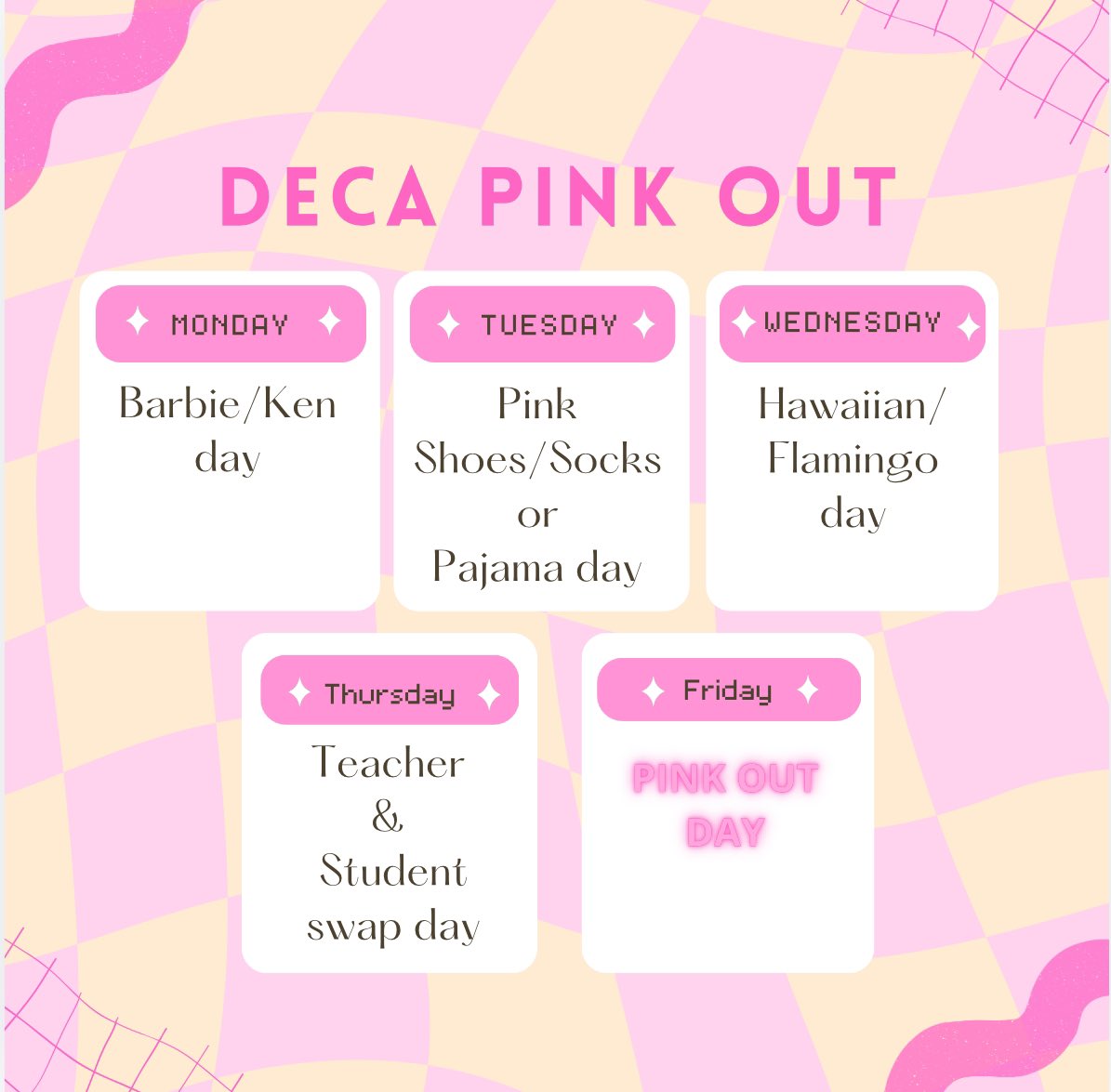 Cape Fear DECA pink week is next week! Dress up for each day to show your school spirit. The best dressed each day will win a prize. We can’t wait to see everyone’s outfit.