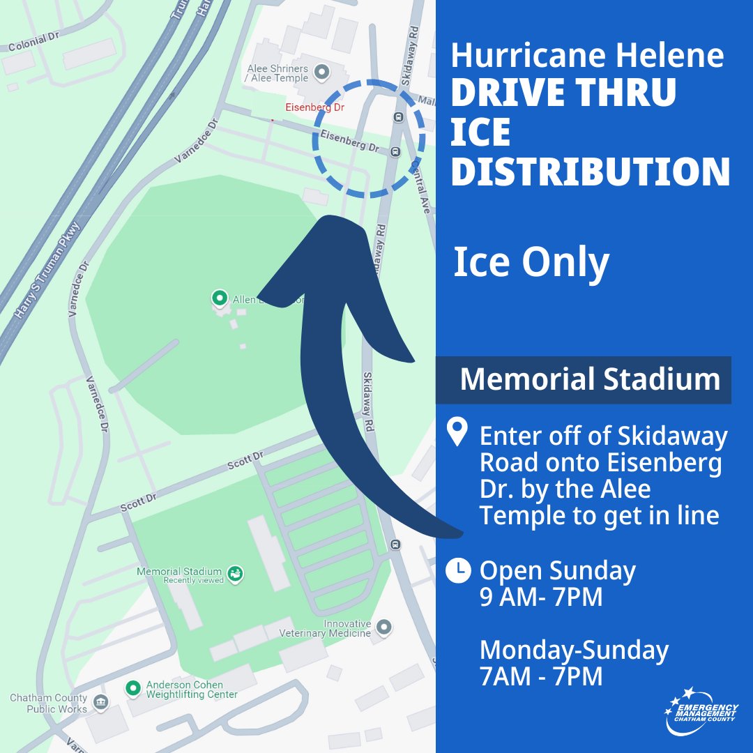 ChathamEMA's tweet photo. Chatham County will be hosting Drive Thru Ice Distribution Centers at two locations starting Sunday.

7 pound bags, 2 per vehicle. Ice available while supplies last. New ice daily.

Sunday, Sept. 29 from 9 a.m. – 7 p.m.
Monday, Sept. 30 until Sunday, Oct. 6, from 7 a.m. – 7 p.m. https://t.co/c6hHq6Ue3d