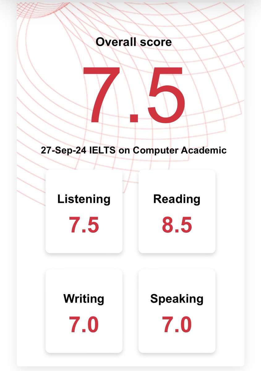 1年ぶりのIELTS、また7.5だったけどWが7.0になって見映えがちょっと良くなった🙌