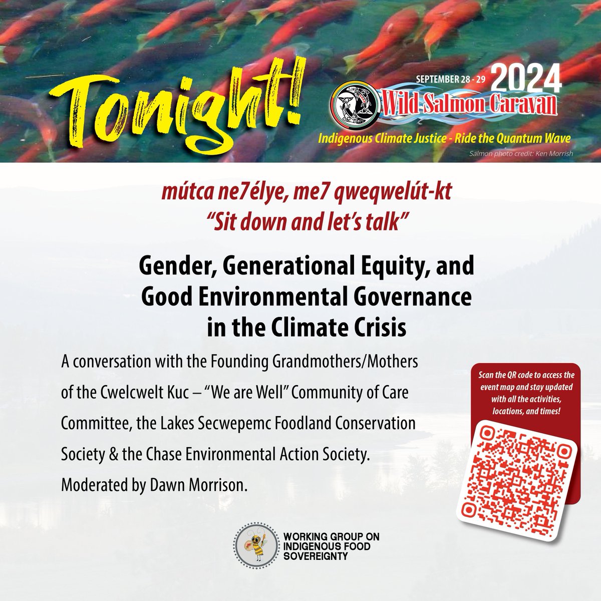 🐟🌊 Tonight: “Gender, Generational Equity, and Good Environmental Governance in the Climate Crisis” at ALRCC! Join us for this important conversation, moderated by Dawn Morrison. Plus, soup and food are provided! 🍲🌎 #WildSalmonCaravan2024 #ClimateJustice