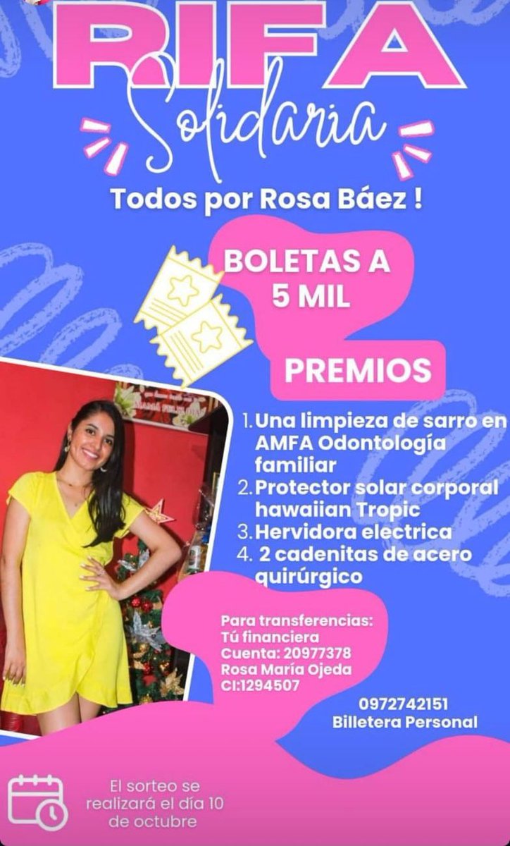 AYUDEMOS!!! La periodista Rosa Baez se encuentra internada en estado delicado en IPS Central y su familia y amigos están organizando una rifa solidaria. AYUDEMOS! Gracias!!!❤