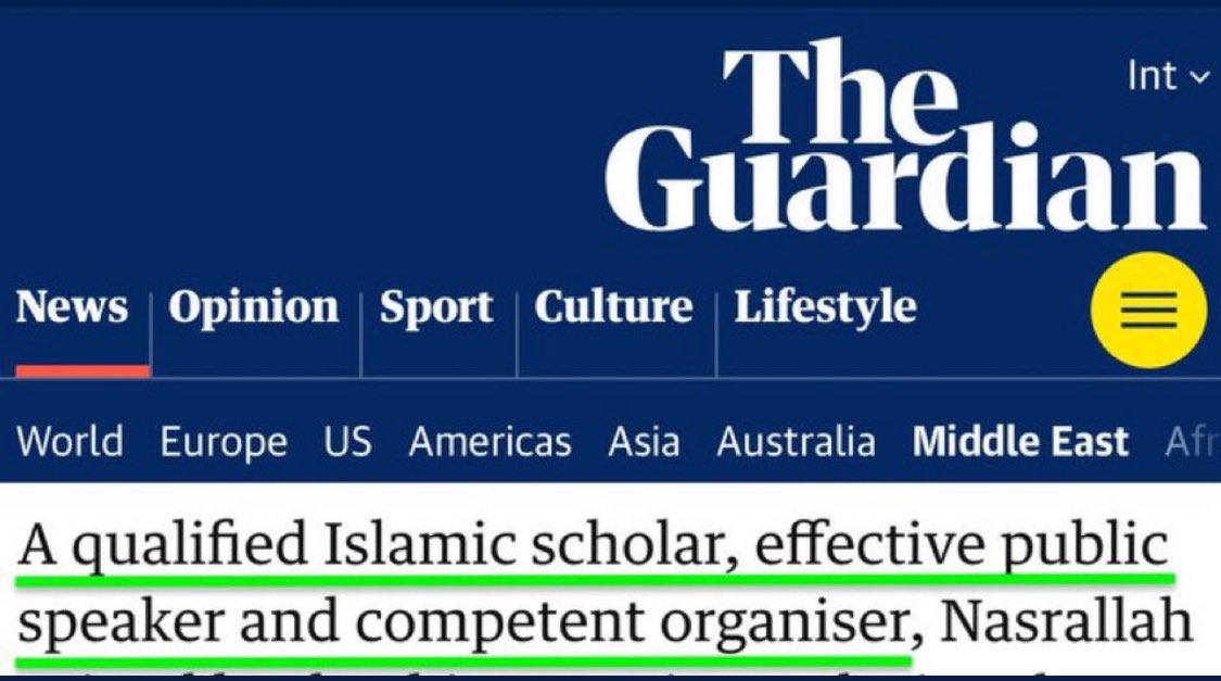 There is a concerted effort to normalize Hassan Nasrallah.  The Guardian describes Nasrallah as a “qualified Islamic scholar, effective public speaker, and competent organizer.”  
Guess which words are missing? 

Mass murderer.  Terrorist.  War criminal.