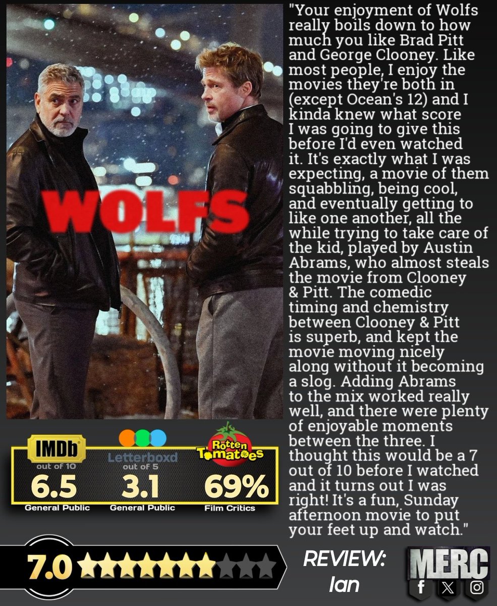 Our verdict on Wolfs (2024)

"I thought this would be a 7 out of 10 before I watched and it turns out I was right! It's a fun, Sunday afternoon movie to put your feet up and watch." - Ian

#Wolfs

#movies #movie #FilmX #moviereviews #moviereview #film #films