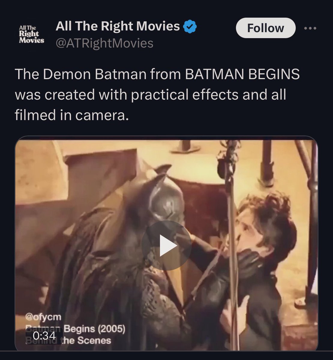 I am not surprised that “ATRightMovies” continues to spread false information about “shots that are all filmed in-camera”. (Which is probably why they’ve blocked me!)

Anyway what they tweeted below about “Batman Begins” is completely false.