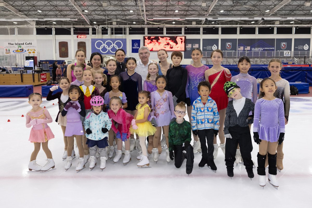 utah2034's tweet photo. Bach getting to know the next generation of skaters at the @UtahOlympicOval. 

Think we'll see any of these kids in 2034?! 

#SLCUT2034 https://t.co/KGhiERJgEZ