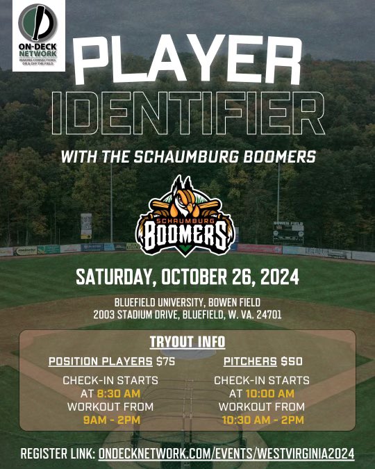 Casey Dill (@caseydill22) on Twitter photo PROFESSIONAL TRYOUT⚾️
Hosted by <a href="/boomersbaseball/">Schaumburg Boomers</a>
Saturday, October 26th
Location <a href="/BURAMSbaseball/">Bluefield University Baseball</a>
Register Here👇🏼
ondecknetwork.com/events/westvir… PROFESSIONAL TRYOUT⚾️
Hosted by <a href="/boomersbaseball/">Schaumburg Boomers</a>
Saturday, October 26th
Location <a href="/BURAMSbaseball/">Bluefield University Baseball</a>
Register Here👇🏼
ondecknetwork.com/events/westvir…