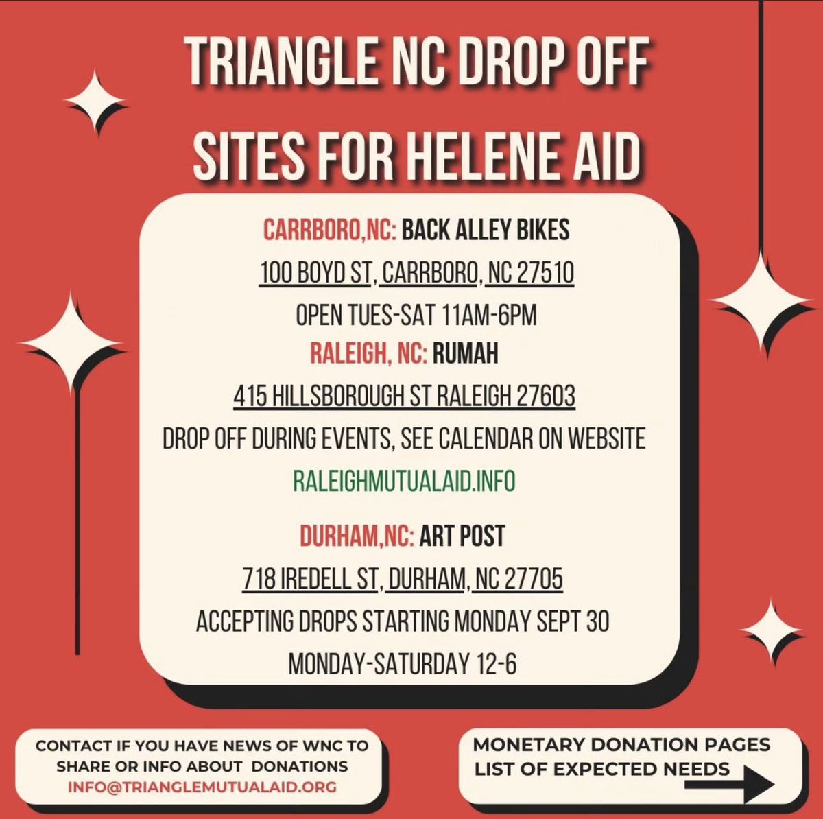 SarahPerezTC's tweet photo. Looking for donation locations in the Triangle? @RUMAH_raleigh is accepting at multiple locations. Outside the area? Donate to help.