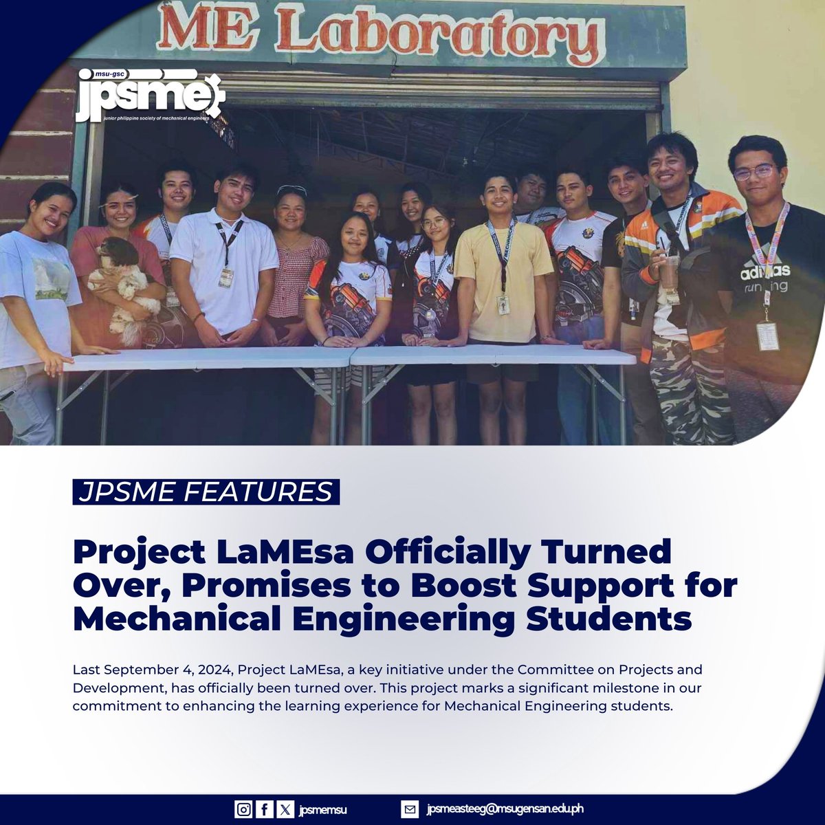 JPSMEMSU's tweet photo. Project LaMEsa was officially turned over last September 4, 2024, marking a key milestone in supporting Mechanical Engineering students. This initiative strengthens our commitment to enhancing their learning experience with comfort. https://t.co/ChWdOqKMoG