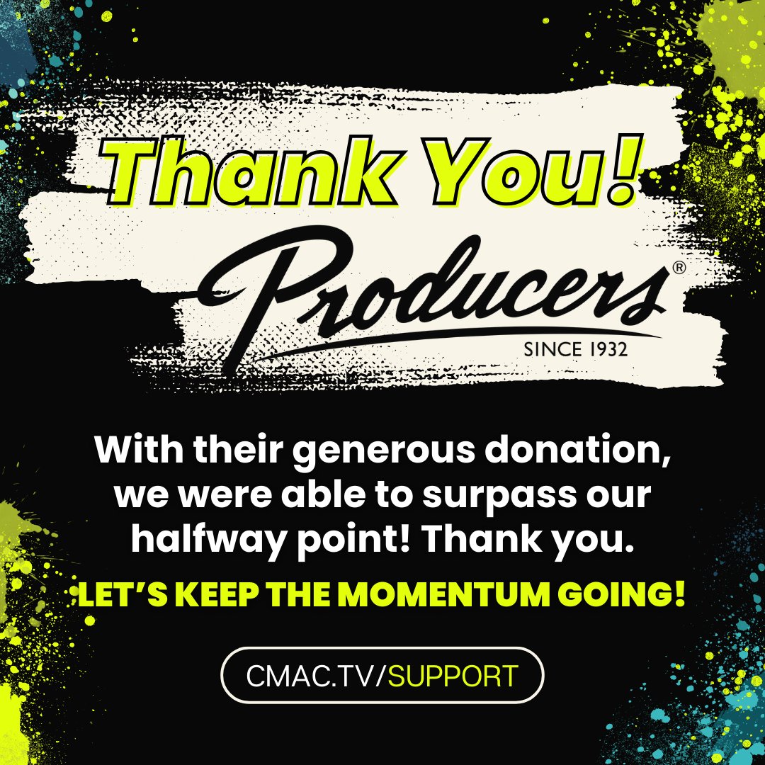 CMACTV's tweet image. ✨📣  Big news! @ProducersDairy just became our first Corporate Partner with a $2,500 donation, pushing us over our halfway point! 🎉 This helps keep CMAC’s community impact strong. THANK YOU! 🫶

🚀💫 cmac.tv/support/
#CommunityMedia #SupportCommunityMedia