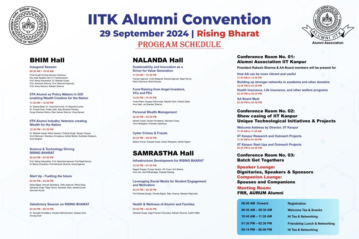 aaiitkodc's tweet photo. IITK ALUMNI CONVENTION 2024 Program Schedule #iitkaaconvention #iitk #delhi #daic https://t.co/Z7XZnwhChW