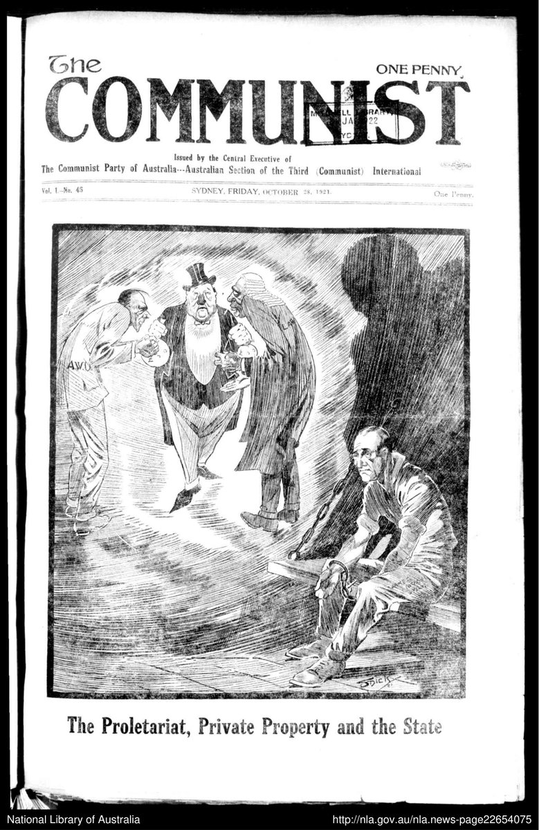 0zCommHistory's tweet photo. "The Proletariat, Private Property and the State." - Front page cartoon depicting the Law and the AWU cozying up to the bourgeoisie while a worker rots in prison.  From the Communist Party of Australia's newspaper "The Communist." 

(28 Oct 1921) https://t.co/sci2bSG1qX