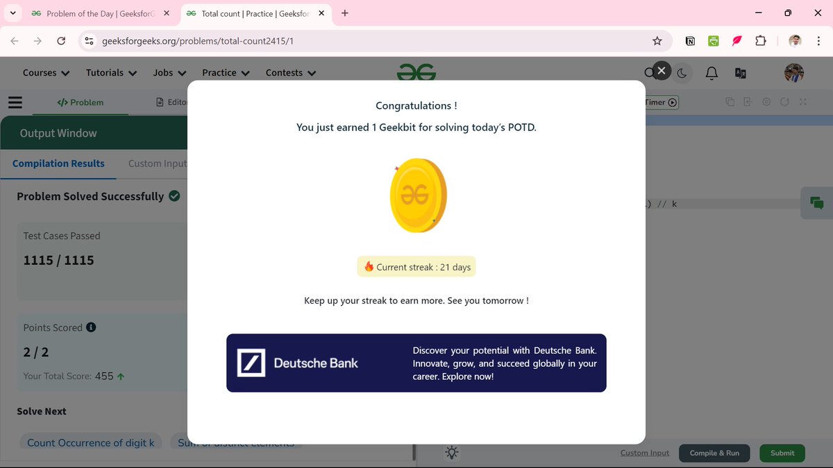 iamshyamgoyal's tweet image. 🗓️ Day 20 of #21DaysOfCode POTD Challenge
✅ Total count
#geekstreak2024 @geeksforgeeks @DeutscheBank #DeutscheBank