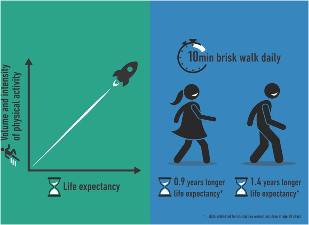 General rule of thumb with exercise:

More is better, but a little is far better than none.

The same rings true with the longevity benefits of physical activity.

Even a simple daily 10-minute brisk walk may have a big impact in those who are less active.