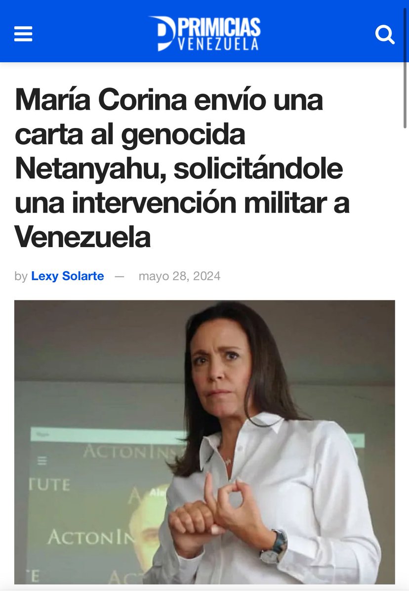 MichelCaballero's tweet photo. No olvidemos que María Corina le envió una carta del criminal genocida, Benjamín Netanyahu, pidiéndole una una invasión militar, que traería miles de muertes. https://t.co/SsOxhe7wo3