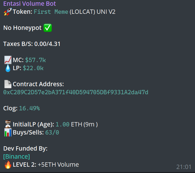 entasiBot's tweet photo. A gem discovered by our #ETH bots. $LOLCAT was detected at 70K marketcap. Current ATH 3M !
Subscribe to Entasi here: https://t.co/trWX8EGkiC
Entasi for the win!
CA: 0xC289C2D57e2bA371f40D594705DBf9331A2da47d
#entasibots #volumetracker #ai #memecoin #bullrun #crypto https://t.co/Z6xEPCLIIe