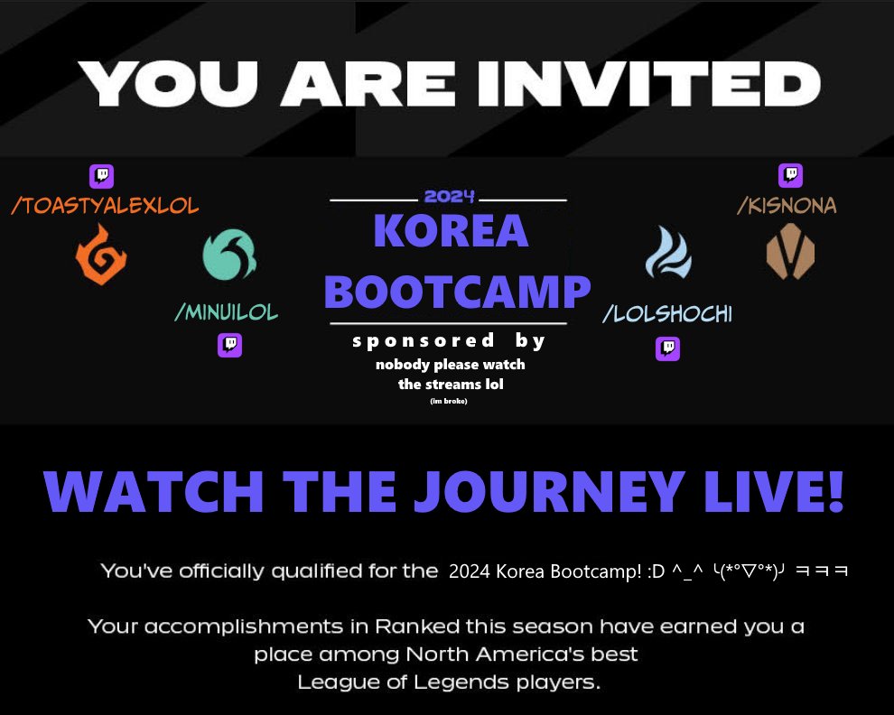 hello everyone

i'll be bootcamping in Korea with <a href="/Toastyalex_LoL/">Toasty</a> <a href="/Minuilol/">Minui</a> and <a href="/Kisno_lol/">Kisno</a>  from Oct. 3rd - Dec. 5th

i will be streaming almost every game of my climb to Korean challenger + playing with the pros once they return from Worlds

i would love to see u all there :D