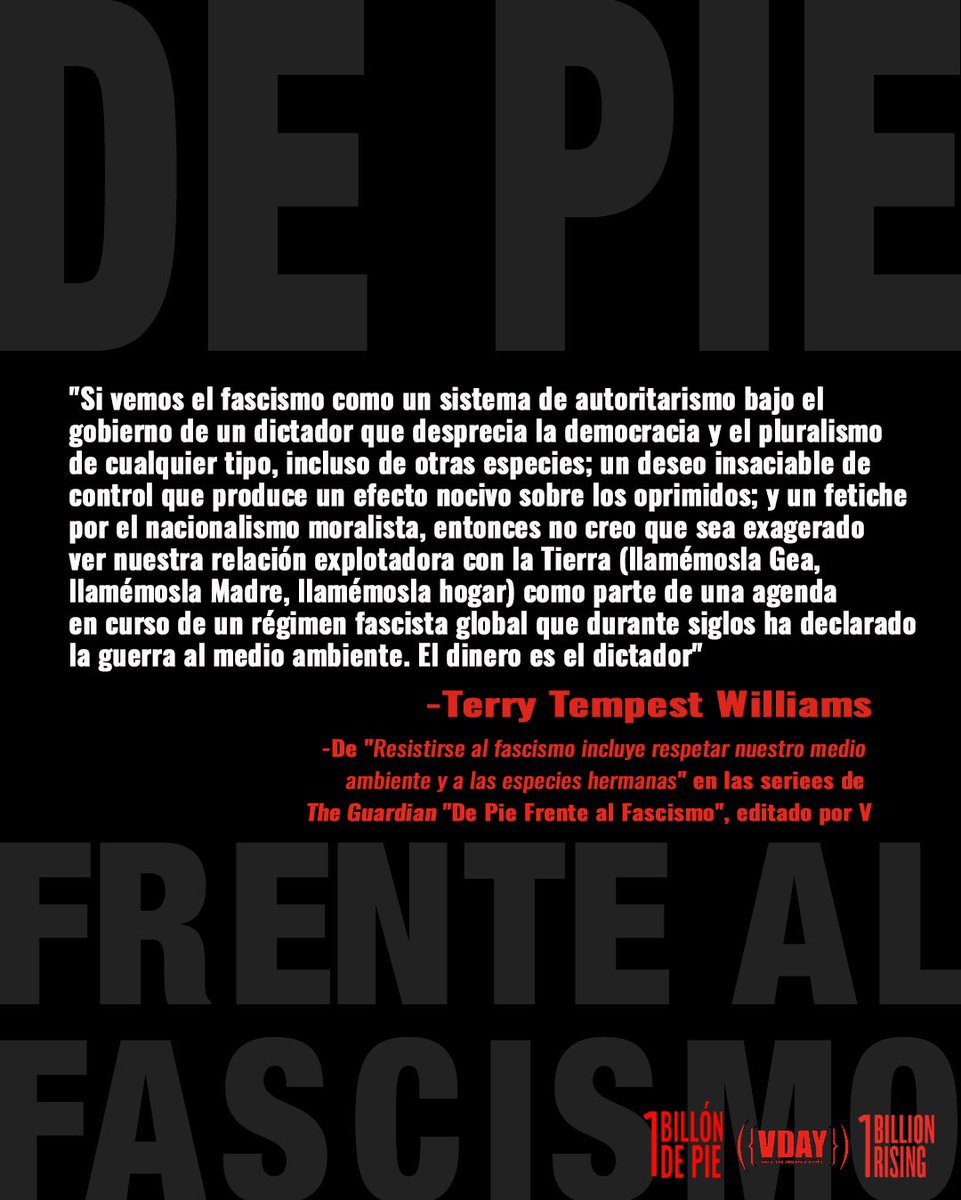 <a href="/VDay/">V-Day</a> "Resistirse al fascismo incluye respetar nuestro medio ambiente y a las especies hermanas" de la escritora Terry Tempest, lectura obligada en #ClimateWeek <a href="/VDay/">V-Day</a> #1BillionRising <a href="/1BillonDePieMex/">Un Billón De Pie Mex</a>