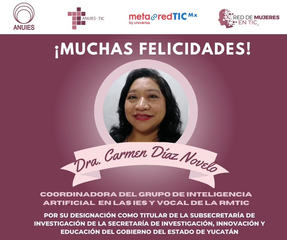 Red de Mujeres en TIC - ANUIES TIC - MetaRed Mx (@redmujerestic) on Twitter photo Las integrantes de la RMTIC de <a href="/anuiestic/">ANUIES-TIC</a> y <a href="/MetaRedMx/">MetaRed México</a> felicitamos a la Dra. Carmen Díaz, coordinadora del Grupo de IA en las IES y vocal de nuestra red, por su designación como subsecretaria de Investigación de la SIIE del Gob. del Edo. de Yucatán 2024 - 2030. ¡Enhorabuena! Las integrantes de la RMTIC de <a href="/anuiestic/">ANUIES-TIC</a> y <a href="/MetaRedMx/">MetaRed México</a> felicitamos a la Dra. Carmen Díaz, coordinadora del Grupo de IA en las IES y vocal de nuestra red, por su designación como subsecretaria de Investigación de la SIIE del Gob. del Edo. de Yucatán 2024 - 2030. ¡Enhorabuena!