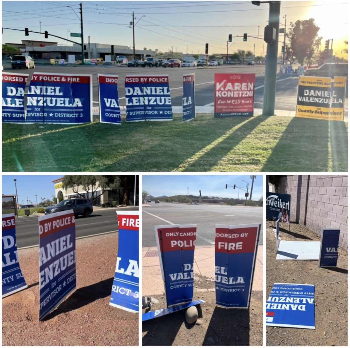 DanielV_AZ's tweet photo. Dozens of our signs, including these, have been repaired and will continue to be fixed. More importantly, we're staying focused on connecting with voters directly—at their doors and on the phones—as we work toward the future Maricopa County deserves. https://t.co/BZbvjCuhVS #BOS3 https://t.co/szekHHaJzu