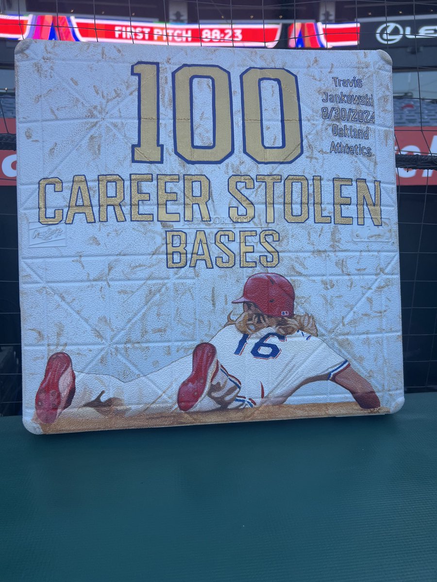 Evan_P_Grant's tweet photo. A commemorative bag for Travis Jankowski’s 100th steal by Logan Loiselle. https://t.co/j4Rmcykl5P