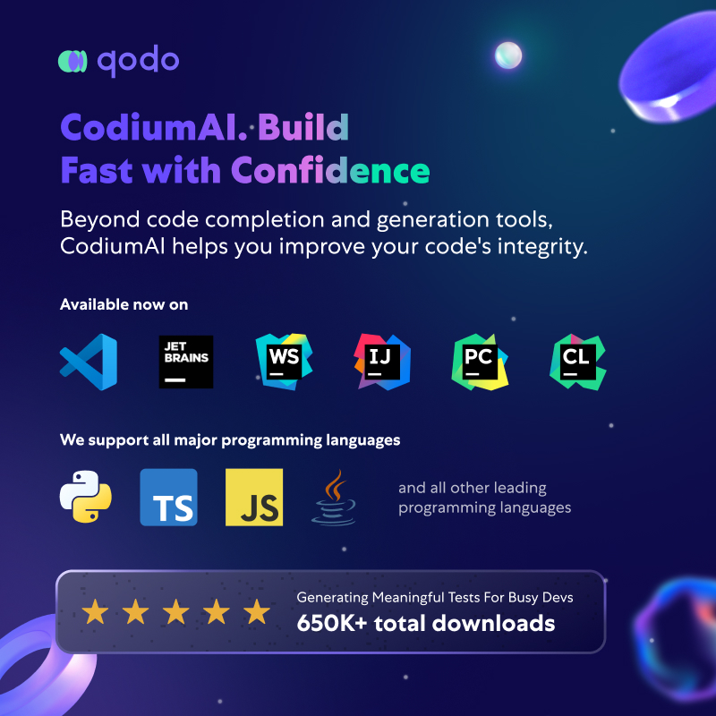 QodoAI's tweet photo. Why are 750k+ developers switching from GitHub Copilot to CodiumAI?

- AI calls for coding and testing.🚀
- Chat with many commands right inside your editor.🧠
- Supports all languages.⚡️
- Extended testing capabilities. 

And, by the way, it's absolutely FREE!