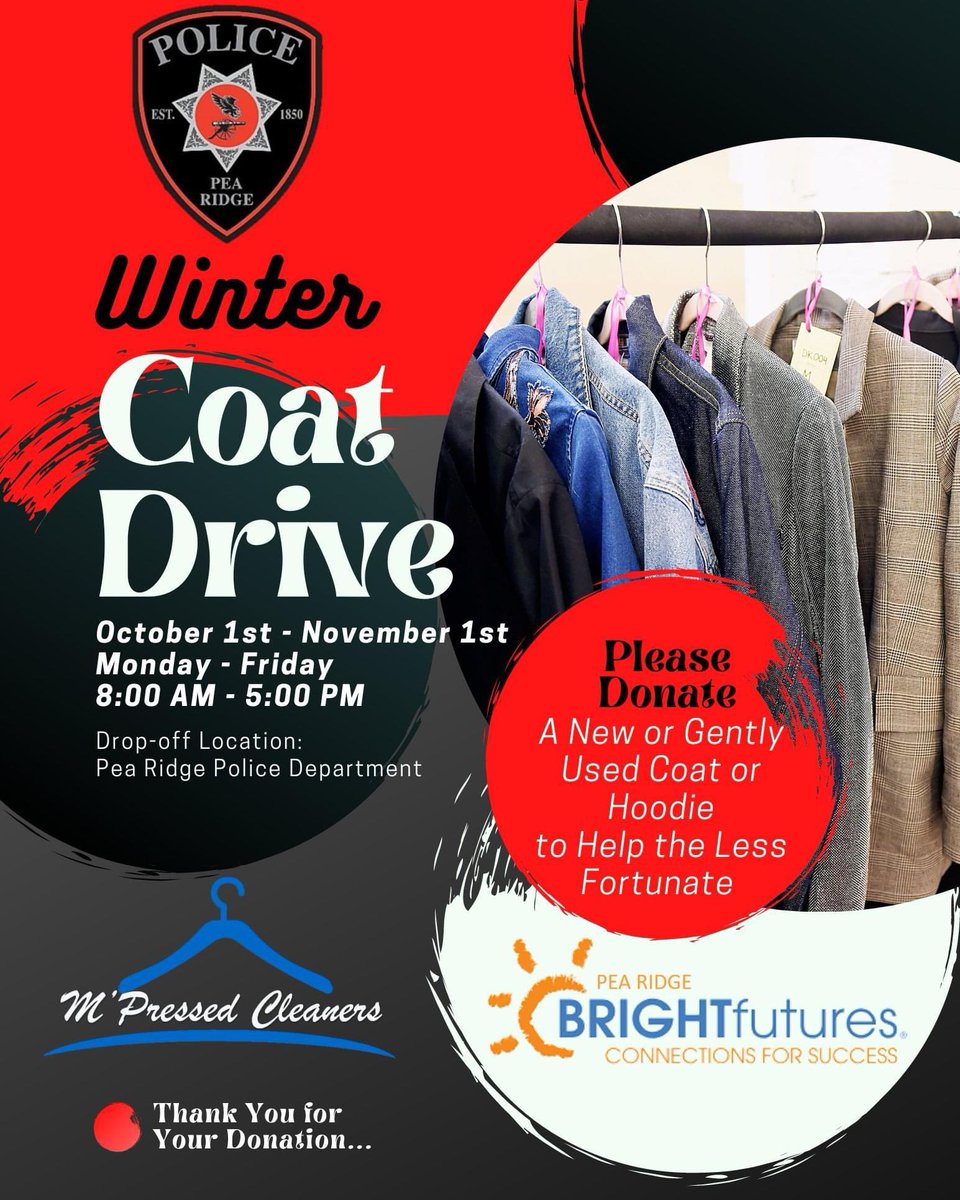 BrightfuturesPR's tweet photo. Got a coat you’re not using anymore? As the chilly weather rolls in, Bright Futures of Pea Ridge is collecting gently used coats to help keep our community cozy this winter!

Drop your donations off at the Pea Ridge Police Department anytime in October https://t.co/VWHjYxzXxx